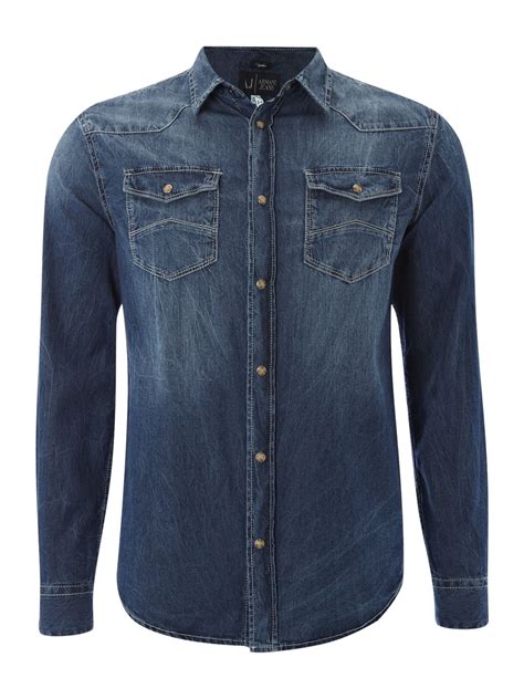 Armani Jeans Denim Long Sleeved Two Pocket Shirt In Blue For Men Denim