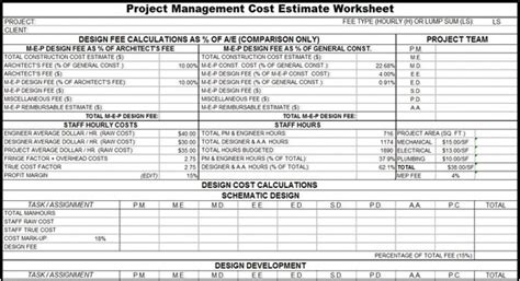 project management cost estimate worksheet cost