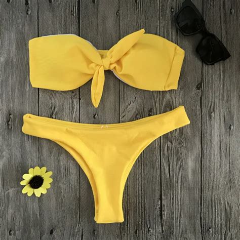 qianqbkn hot lady s yellow bikini sexi bow tie swimwear women 2018 solid bathing suit bandeau