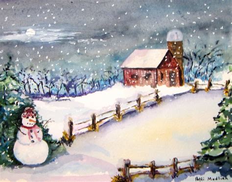 Country Snowman Watercolor Art Print Winter Snowman