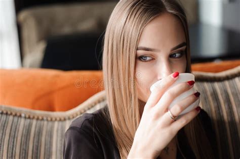 Coffee Beautiful Girl Drinking Tea Or Coffee In Cafe Stock Photo