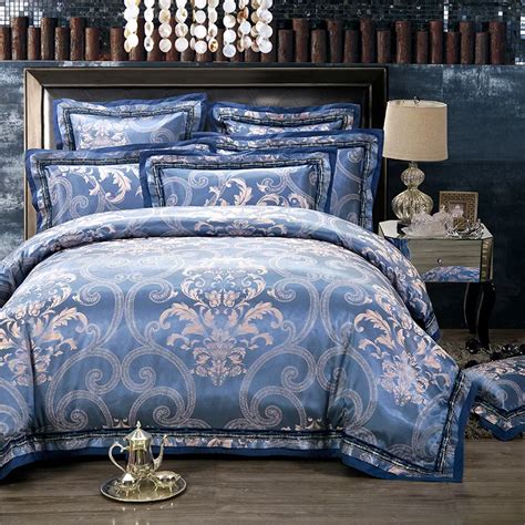 6pcs Set 100 Damask Silk Bedding Set Jacquard Blue Linen With 1 Duvet