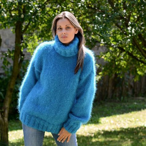 Blue Hand Knitted Mohair Sweater Fuzzy Soft Dress Pullover By