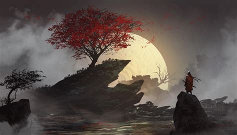Wallpaper Digital Art Samurai Warrior Landscape