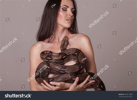 Beautiful Brunette Girl Snake Boa Constrictors Stock Photo