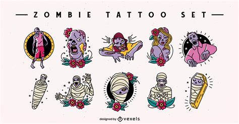 Zombie And Mummies Scary Tattoo Set Vector Download