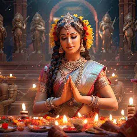 Premium Ai Image Beautiful Girl Worship To Hindu Goddess Laxmi In Temple