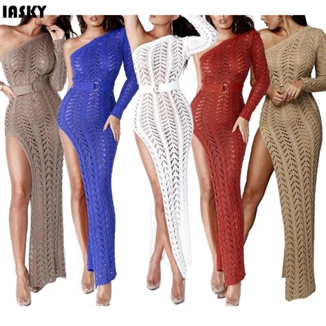 Iasky 2019 New Crochet See Through Beach Long Dress Sexy Women High