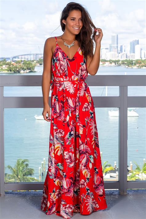 Red Tropical Print Maxi Dress With Waist Tie Maxi Dresses Saved By