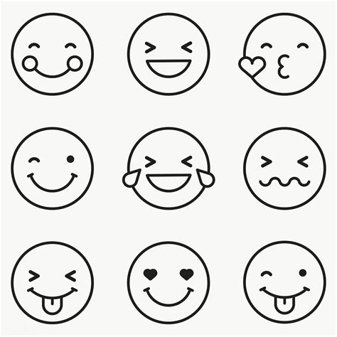 Black Outline Emoticon Set Isolated On Transparent Vector Premium