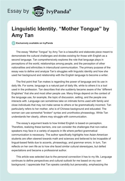 Linguistic Identity Mother Tongue By Amy Tan 663 Words Essay Example