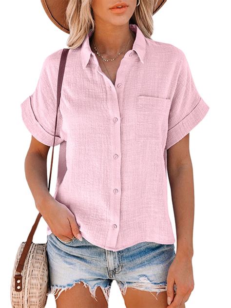 Women Short Sleeve Cotton And Linen Shirts V Neck Collared Button Down