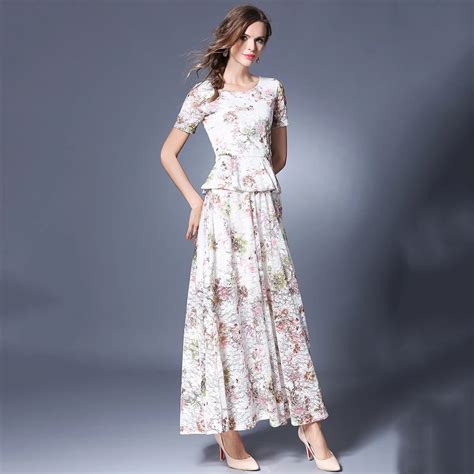 Summer Hot Women Printed Sets Ruffles Tops Elastic Waist Long Skirts Maxi Skirt Floral 2 Pieces