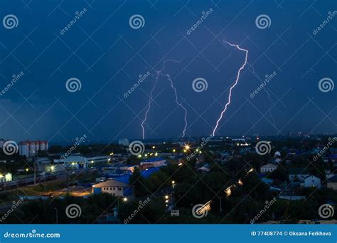 Lightning Storm Over City In Blue Light Stock Photo Image Of Extreme