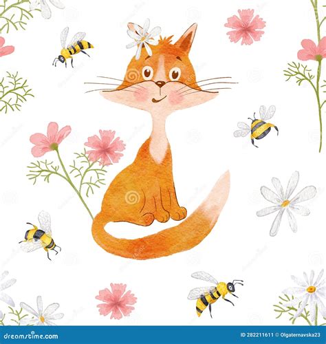 Red Fox And Bee Seamless Pattern With Sly Cheerful Fox In Flowers And