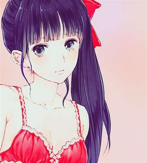 Anime Girl Purple Hair Grey Eyes Ponytail Bow Red Dress