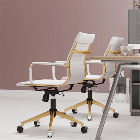 Luxmod® Mid Back Gold Office Chair In White Leather Adjustable Swivel