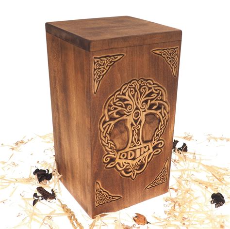 Personalized Wood Urn For Human Ashes Thor Hammer Motive Wooden
