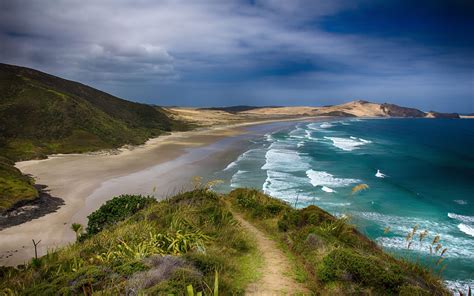 New Zealand View From The Hill Sea Empty Beach Ocean Waves Hd