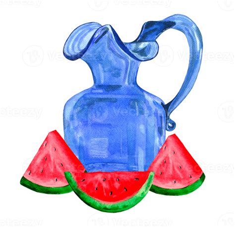 Watercolor Unusual Vintage Blue Glass Pitcher Or Jug With Watermelon