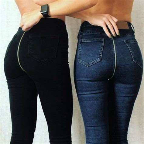 Womens Jeans Back Zipper Pencil Stretch Denim Skinny Pants High Waist Trousers Ebay