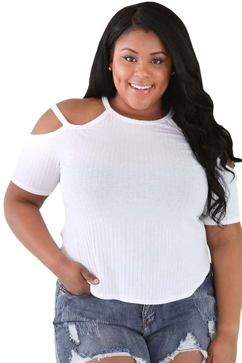 Solid White Ribbed Stretchy Fit Full Figured Top Lc25865 1 1 Curvyplus