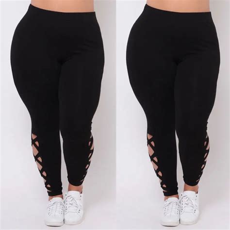 brand new 2019 women plus size elastic leggings gym solid black criss cross hollow out sport