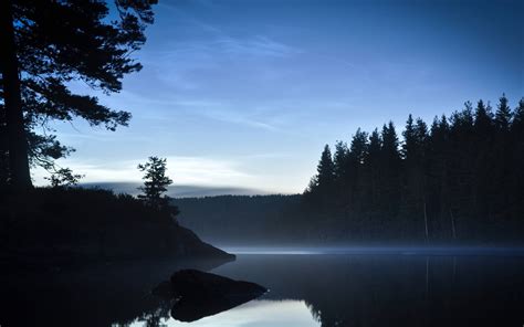 Landscape Nature Evening Blue Lake Calm Water Reflection Pine