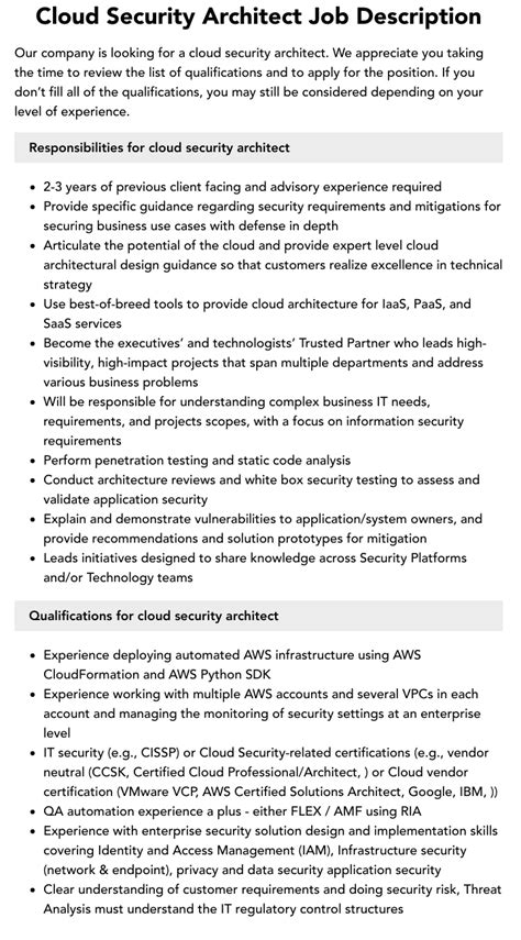 Cloud Security Architect Job Description Velvet Jobs