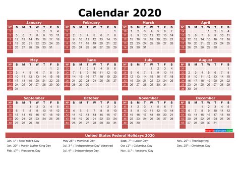 Printable Yearly Calendar 2020 With Holidays Word Pdf