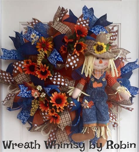 Fall Deco Mesh Wreath In Brown Orange And Blue With Denim Scarecrow And