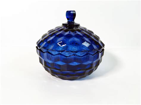 Vintage Cobalt Blue American Block Glass Jar W Lid Fostoria Dark Blue Dish Round Dark Blue