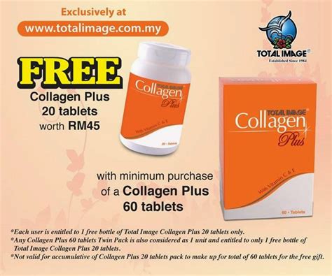 It contains deep sea marine fish collagen and natural extracts to provide you maximum benefits. FREE bottle of Total Image Collagen Plus 20 tablets worth ...