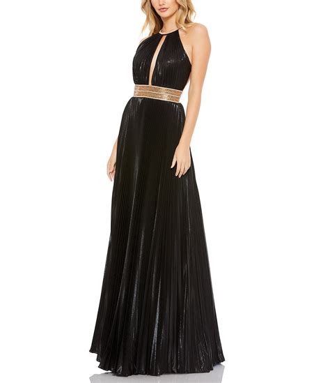 Mac Duggal Halter Neck Cut Out Front Beaded Waist Sleeveless Plisse Gown Dillards