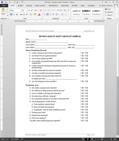 Quality Audit Checklist Iso Template