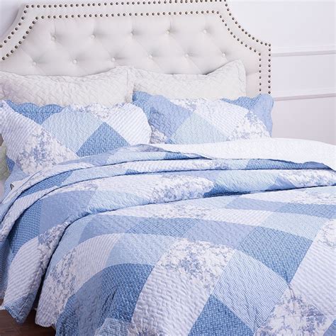 Twin Full Queen King Bed Blue White Patchwork Country 3 Pc Quilt