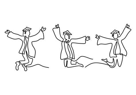 One Continuous Line Group Young Students In Jump Joyfully Happy Three