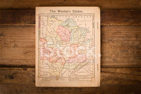 1867 Color Map Of Western United States With Wood Background Stock
