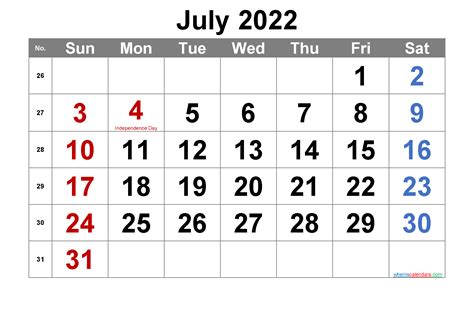 Editable July 2022 Calendar With Holidays Template Noar22m7