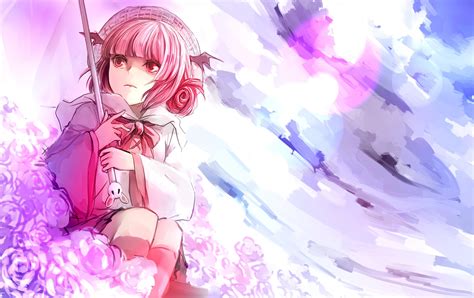 Anime Girl Art Umbrella Flowers Pink Wallpaper