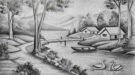 How To Draw Easy Pencil Sketch Scenerylandscape Pahar And River Side