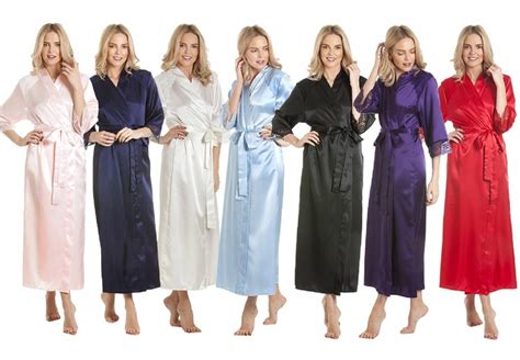 Womens Luxury Satin Long Laced Dressing Gown Robe Various Colours Uk Size 10 24 Ebay