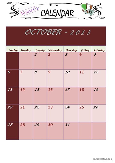 October 2013 Calendar English Esl Worksheets Pdf And Doc