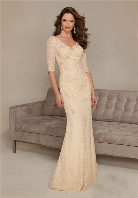 sheath v neck long champagne lace sleeve mother of the bride evening dress