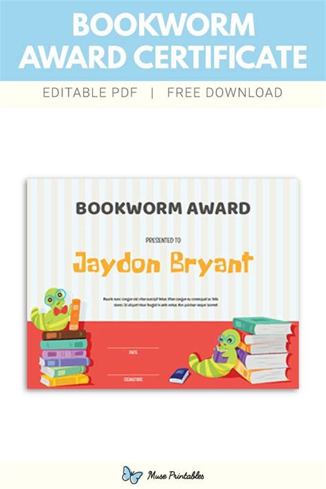 Free Bookworm Award Certificate Template Awards Certificates Template