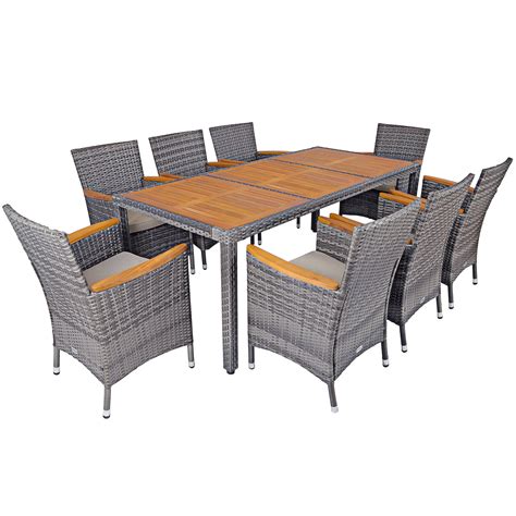 Patiojoy 9PCS Patio Rattan Furniture Dining Set Acacia Wood Table