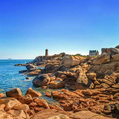 Ploumanach Lighthouse Morning In Pink Granite Coast Brittany France