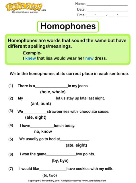 Sentences With Homophones Turtle Diary Worksheet