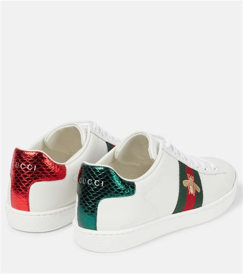 Gucci Ace Watersnake Trimmed Embroidered Leather Sneakers In White