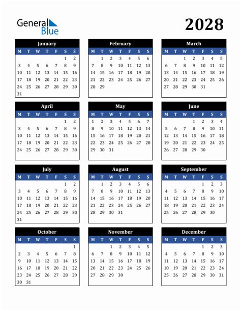 2028 Yearly Calendar Templates With Monday Start